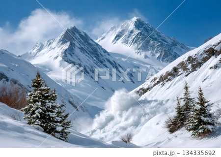 Avalanche sliding down a snowy mountain valley 134335692