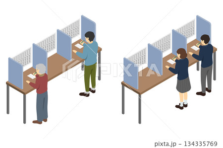 アイソメトリックイラスト:投票用紙に記入する人々 アイソメトリックイラスト:投票用紙に記入する人々 134335769