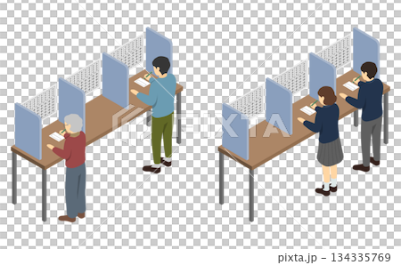 アイソメトリックイラスト:投票用紙に記入する人々 アイソメトリックイラスト:投票用紙に記入する人々 134335769