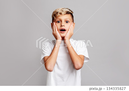 Surprised boy with hands on face looking at camera, emotional shocked child expressing amazement and astonishment on gray background, studio portrait of kid reacting with wide eyes and open mouth Surprised boy with hands on face looking at camera, emotional shocked child expressing amazement and astonishment on gray background, studio portrait of kid reacting with wide eyes and open mouth 134335827
