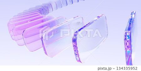 3d graphic array of glass transparent rectangle plate shape row with pink purple holographic gradient on light blue tech background. Render abstract curve wave flow with motion effect. 3D illustration 134335952