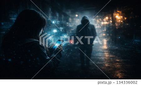 スマートフォンを操作する女性と夜道に現れる不審な人物のイメージ 134336002