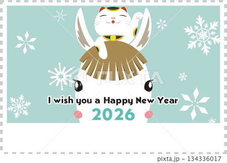 年賀状 2026 元気な招き猫と恥ずかしがり屋の馬 はがきテンプレート 134336017