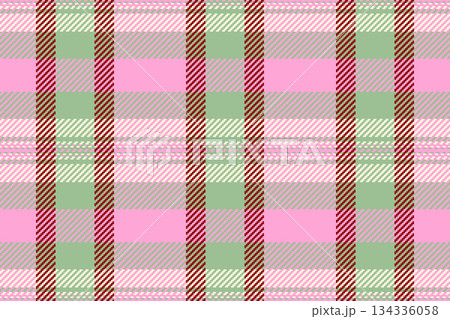 A seamless plaid pattern in pink, green, red, and white, with a classic woven texture. Use for background, design, fabric, crafts, and traditional themes. 134336058