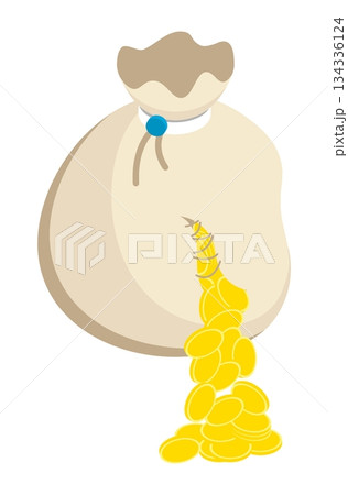 Isometric money is pouring out of a leaky old bag. Isolated cartoon vector on white back top view Isometric money is pouring out of a leaky old bag. Isolated cartoon vector on white back top view 134336124