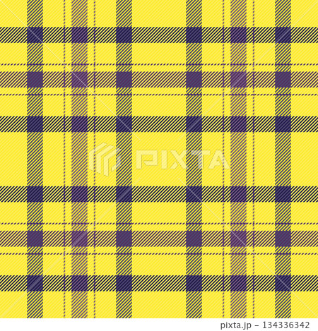 Vibrant plaid pattern with intersecting lines in sunny yellow and deep purple. Ideal for backgrounds, textiles, fashion, and design projects. Versatile, classic texture. 134336342