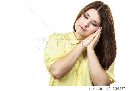 Sleepy calm woman gesturing Sleepy calm woman gesturing 134336473