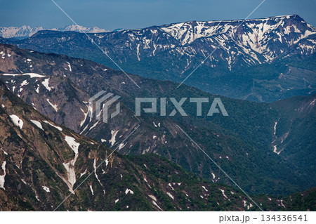 谷川岳から見る残雪の苗場山と白馬連峰 134336541