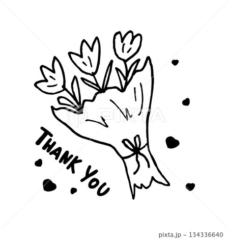 Thank you text with a drawing of a bouquet of flowers and a heart. Design element for a Valentine's Day greeting card. Hand-drawn outline design for the concept of thank you. 134336640