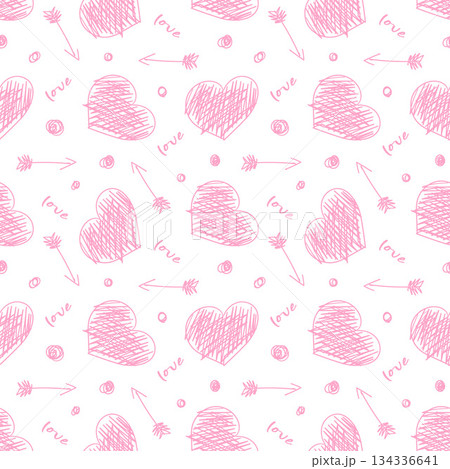 Seamless pattern of pink hearts with a love letter and an arrow on a white background. Cute romantic background for Valentine's Day. Hand-drawn pattern for fabric and wrapping paper 134336641