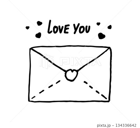 A hand-drawn envelope with a love letter and a heart with the words I love you. It symbolizes expressing affection on Valentine's Day. A love letter 134336642