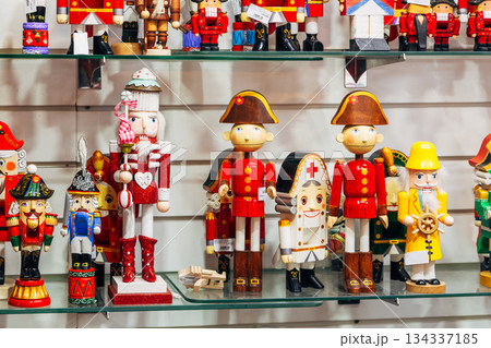 Traditional Christmas souvenir nutcrackers sold on Christmas market Traditional Christmas souvenir nutcrackers sold on Christmas market 134337185