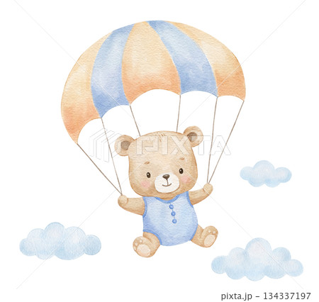 Watercolour cute baby bear with parachute, clouds for boy birthday cards, nursery decor, and children party invitations and poster 134337197