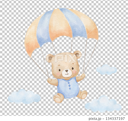 Watercolour cute baby bear with parachute, clouds for boy birthday cards, nursery decor, and children party invitations and poster 134337197