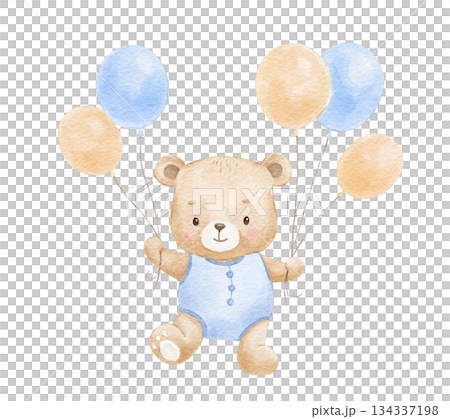 Cute watercolor bear with blue balloons, perfect for baby boy birthday cards, nursery decor, and children's party invitations 134337198