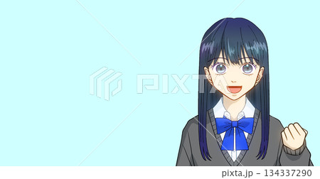 笑顔でガッツポーズをする高校生または中学生の女の子のアニメ風イラスト、シンプルカラー背景 134337290
