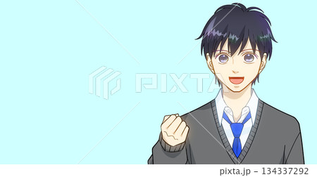 笑顔でガッツポーズをする高校生または中学生の男の子のアニメ風イラスト、シンプルカラー背景 134337292