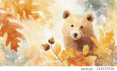 落ち葉に囲まれたクマ 水彩風イラスト 134337550