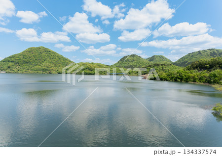 新緑の南川ダムと七ツ森湖 新緑の南川ダムと七ツ森湖 134337574