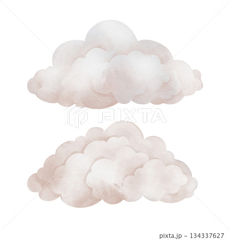 Hand drawn watercolor illustration of the light beige clouds for Baby shower invitations or nursery wall art. Drawing sky perfect for conveying a dreamy, mystical atmosphere for kids greeting cards. 134337627