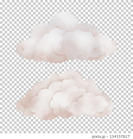 Hand drawn watercolor illustration of the light beige clouds for Baby shower invitations or nursery wall art. Drawing sky perfect for conveying a dreamy, mystical atmosphere for kids greeting cards. 134337627