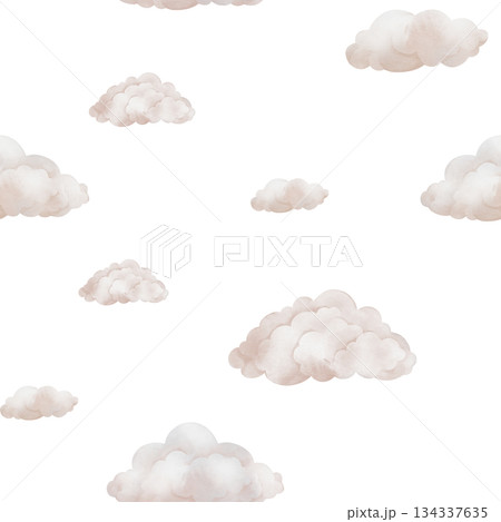 Seamless watercolor pattern with pastel beige clouds in the sky. Repeat ornament with illustration of background for nursery wallpaper, baby decor, textiles, or children paper. 134337635