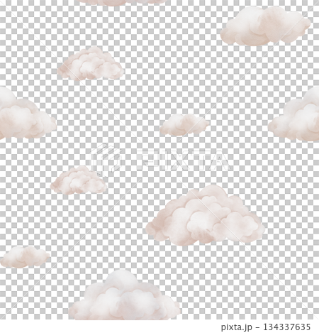 Seamless watercolor pattern with pastel beige clouds in the sky. Repeat ornament with illustration of background for nursery wallpaper, baby decor, textiles, or children paper. 134337635