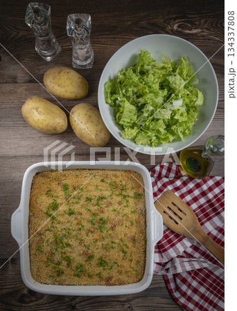 Hachis parmentier, french dish with mashed potato and minced beef 134337808
