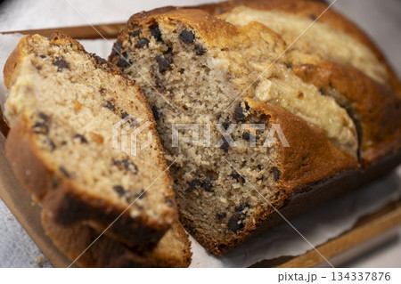 Delicious homemade banana bread sliced and ready to enjoy 134337876