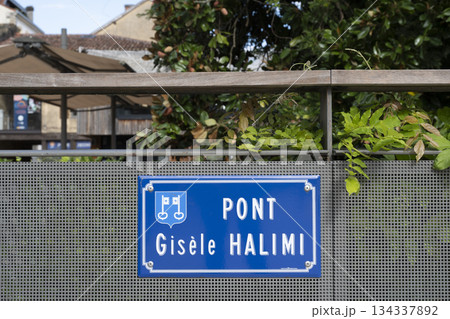Gisele Halimi Bridge in Mont de Marsan with lush greenery nearby 134337892