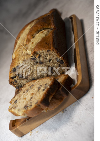 Delicious homemade banana bread sliced and ready to enjoy 134337895