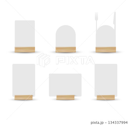 Card table menu holder stand mockup. Paper flyer mock up template. Event promotion wooden frame. Restaurant label. Vector 134337994