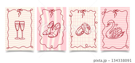 Wedding ceremony invitation cards with champagne, wedding rings and swan. Hand drawn fancy greeting cards. Sketch. Wedding ceremony invitation cards with champagne, wedding rings and swan. Hand drawn fancy greeting cards. Sketch. 134338091