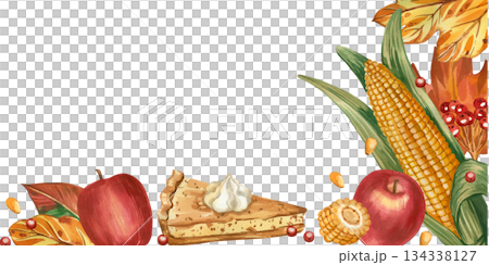 Watercolor Thanksgiving frame made from traditional vegetables, dishes. Pumpkin pie, corn, apples, leaves, berries. All objects are hand-painted in watercolor. For printing on postcards, invitations. Watercolor Thanksgiving frame made from traditional vegetables, dishes. Pumpkin pie, corn, apples, leaves, berries. All objects are hand-painted in watercolor. For printing on postcards, invitations. 134338127