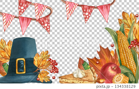 Watercolor composition for Thanksgiving. Pilgrim's hat, flags, traditional food, corn, apples, pumpkin pie, berries, leaves. All objects are hand-painted in watercolor. The illustration for printing. 134338129