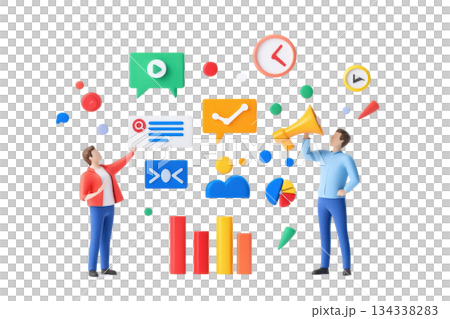 Two individuals engage with various digital icons and graphs, representing communication and data analysis. 134338283