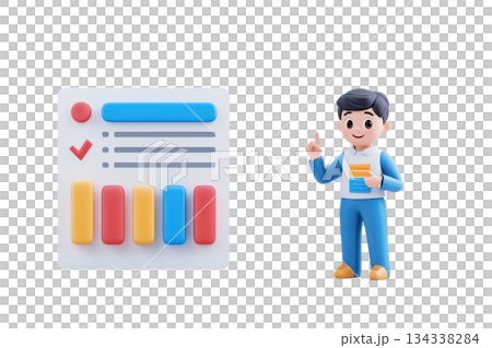 A young character stands beside a colorful data chart, gesturing confidently, suggesting analysis or presentation in a modern and friendly style. 134338284