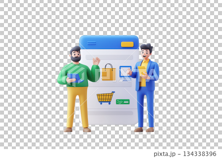 Two stylized characters engage with a shopping interface, showcasing digital commerce and interaction. 134338396