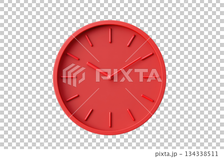 A modern red clock with minimalist design featuring simple hour and minute hands. 134338511