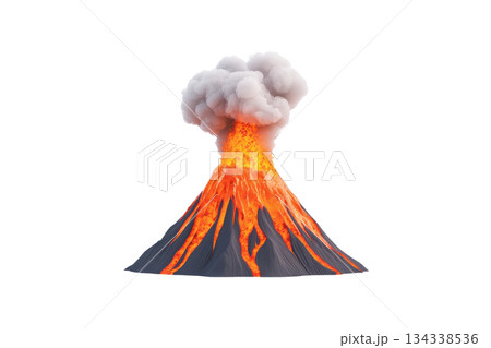 A volcanic eruption with lava flowing and smoke billowing from the summit. A volcanic eruption with lava flowing and smoke billowing from the summit. 134338536