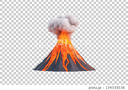 A volcanic eruption with lava flowing and smoke billowing from the summit. A volcanic eruption with lava flowing and smoke billowing from the summit. 134338536