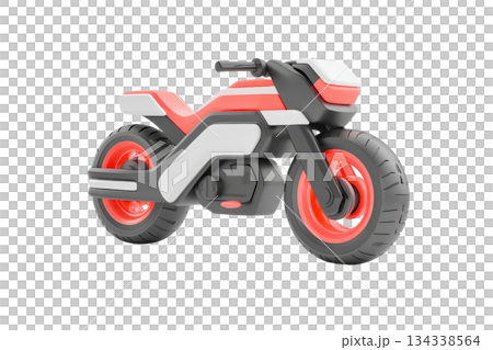 A modern, stylized motorcycle design featuring bold colors and a sleek, compact structure with prominent wheels. 134338564