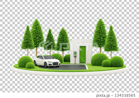 A modern electric vehicle charging station surrounded by lush greenery and neatly shaped bushes. 134338565