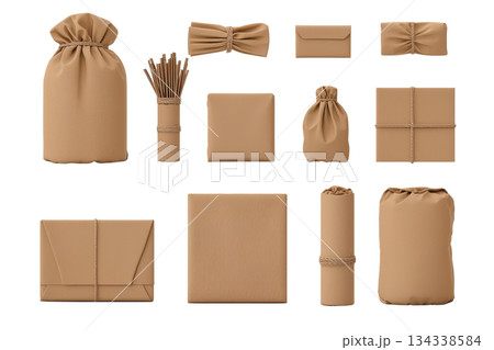 A collection of various brown paper packaging items, including bags, boxes, and wraps, showcasing different shapes and styles. 134338584