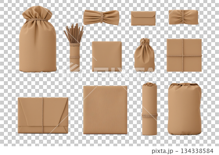 A collection of various brown paper packaging items, including bags, boxes, and wraps, showcasing different shapes and styles. 134338584