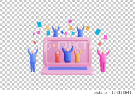 A colorful laptop with animated figures celebrating and tossing objects in the air, symbolizing digital interaction and joy. 134338641