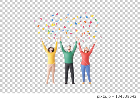 Three cheerful individuals celebrate with raised arms, surrounded by colorful confetti. 134338642