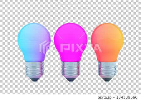 Colorful light bulbs in various hues, showcasing vibrant designs and modern aesthetics. 134338660