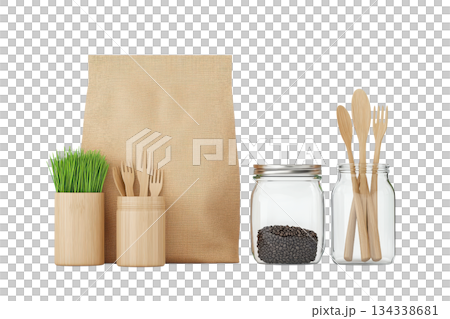 Natural utensils and plants arranged with a paper bag and jar, showcasing a sustainable lifestyle. 134338681