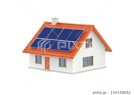 A small house featuring a red-tiled roof and solar panels installed on top. 134338682